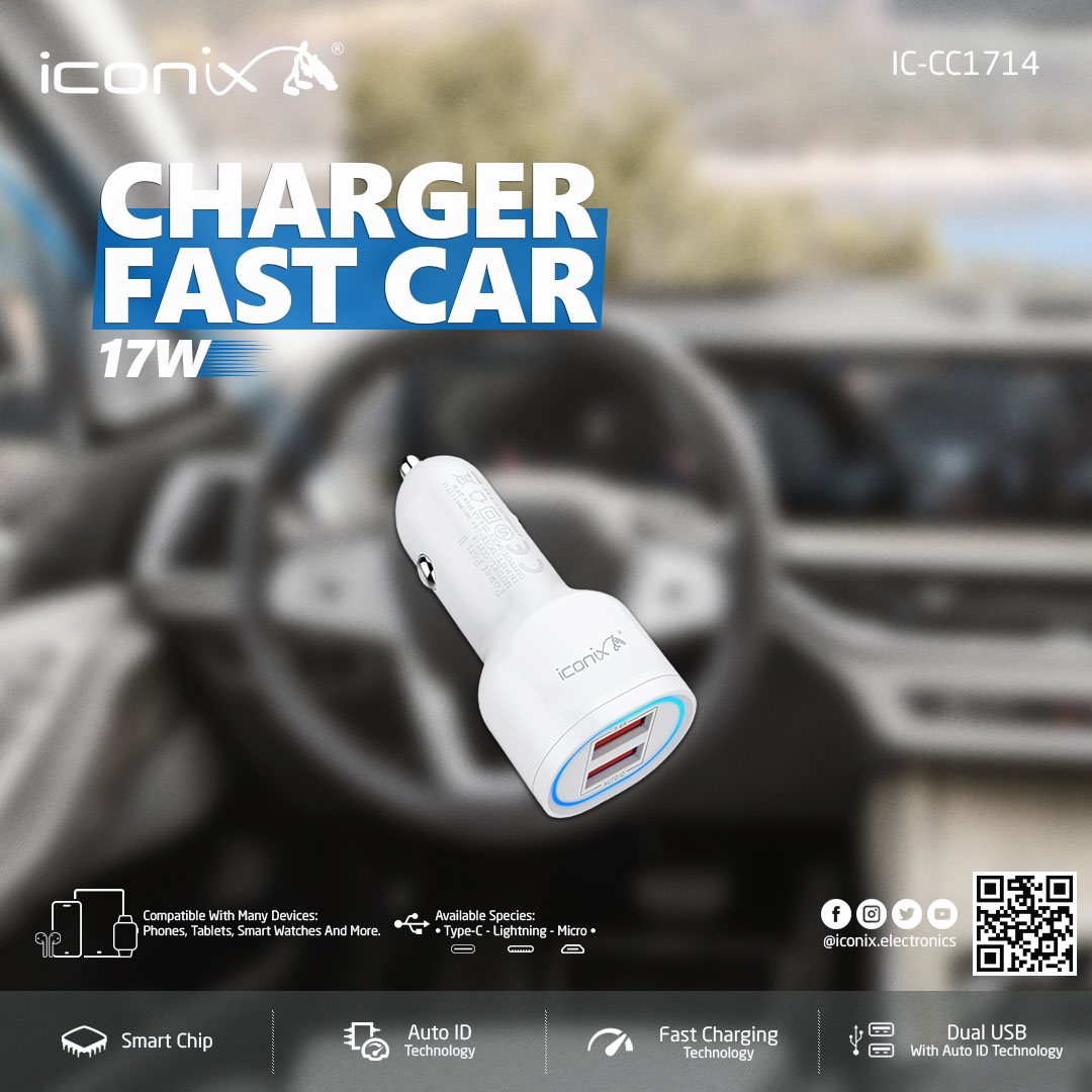 2 port USB car charger 12V / 24V 3.4A max 17W with Intelligent IC - White